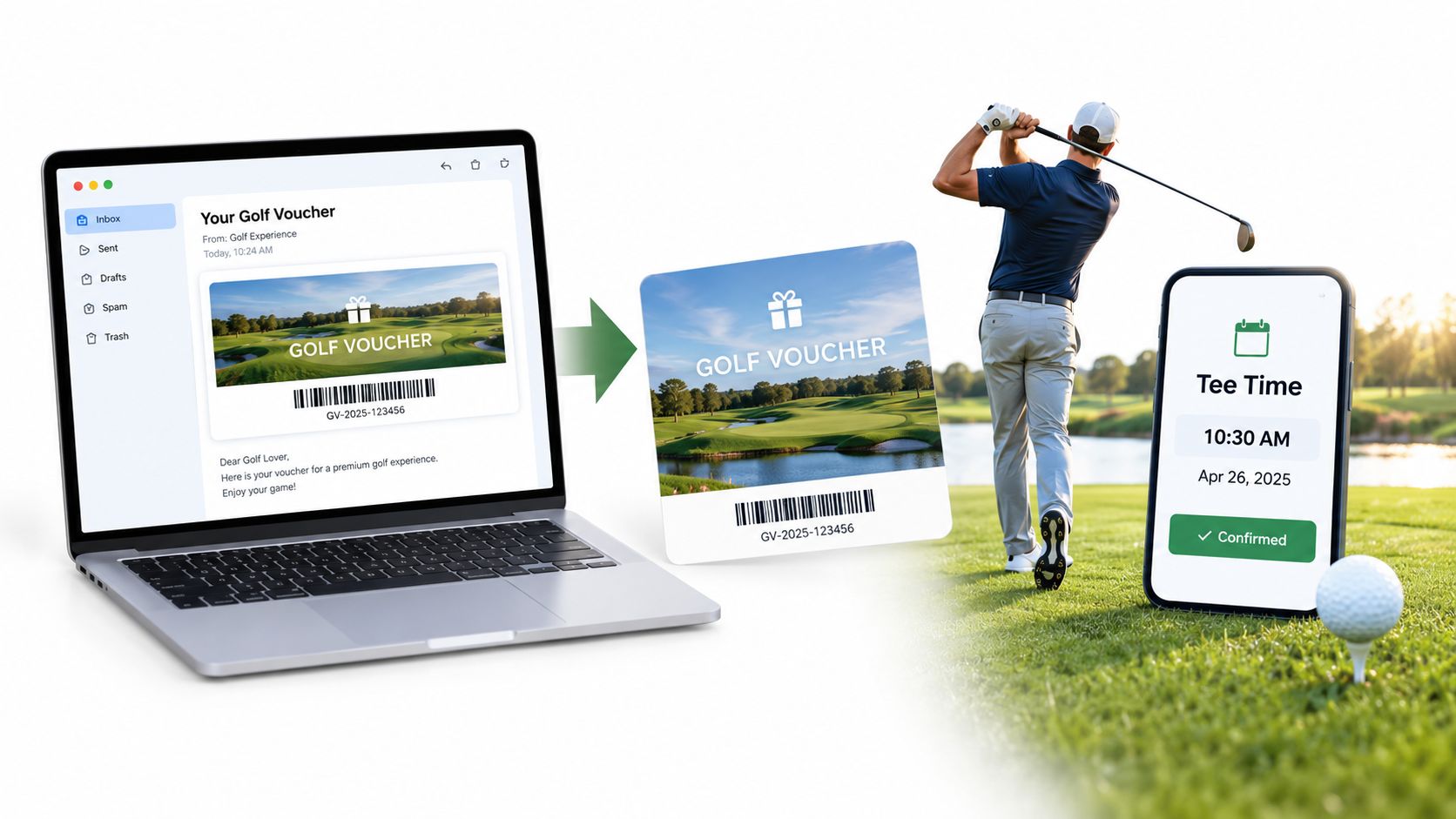 A laptop displays a golf voucher email, transitioning to a physical card and a confirmed booking smartphone app.