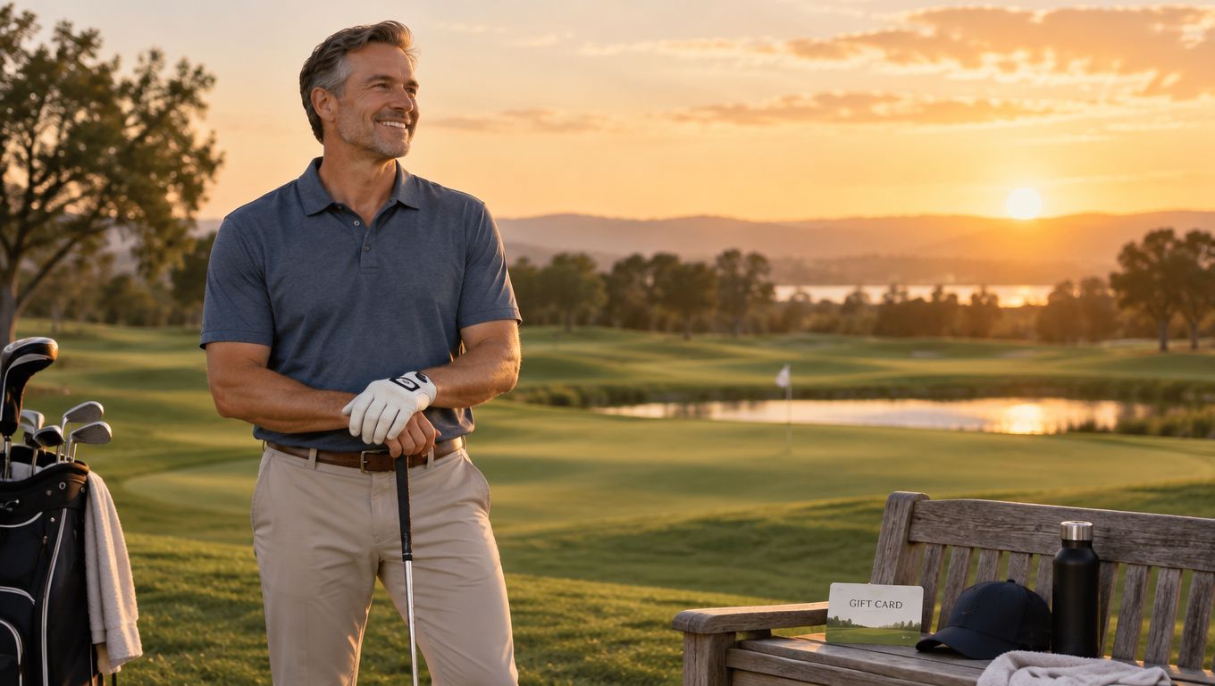 A smiling middle-aged man holding a golf club on a scenic golf course at sunset.