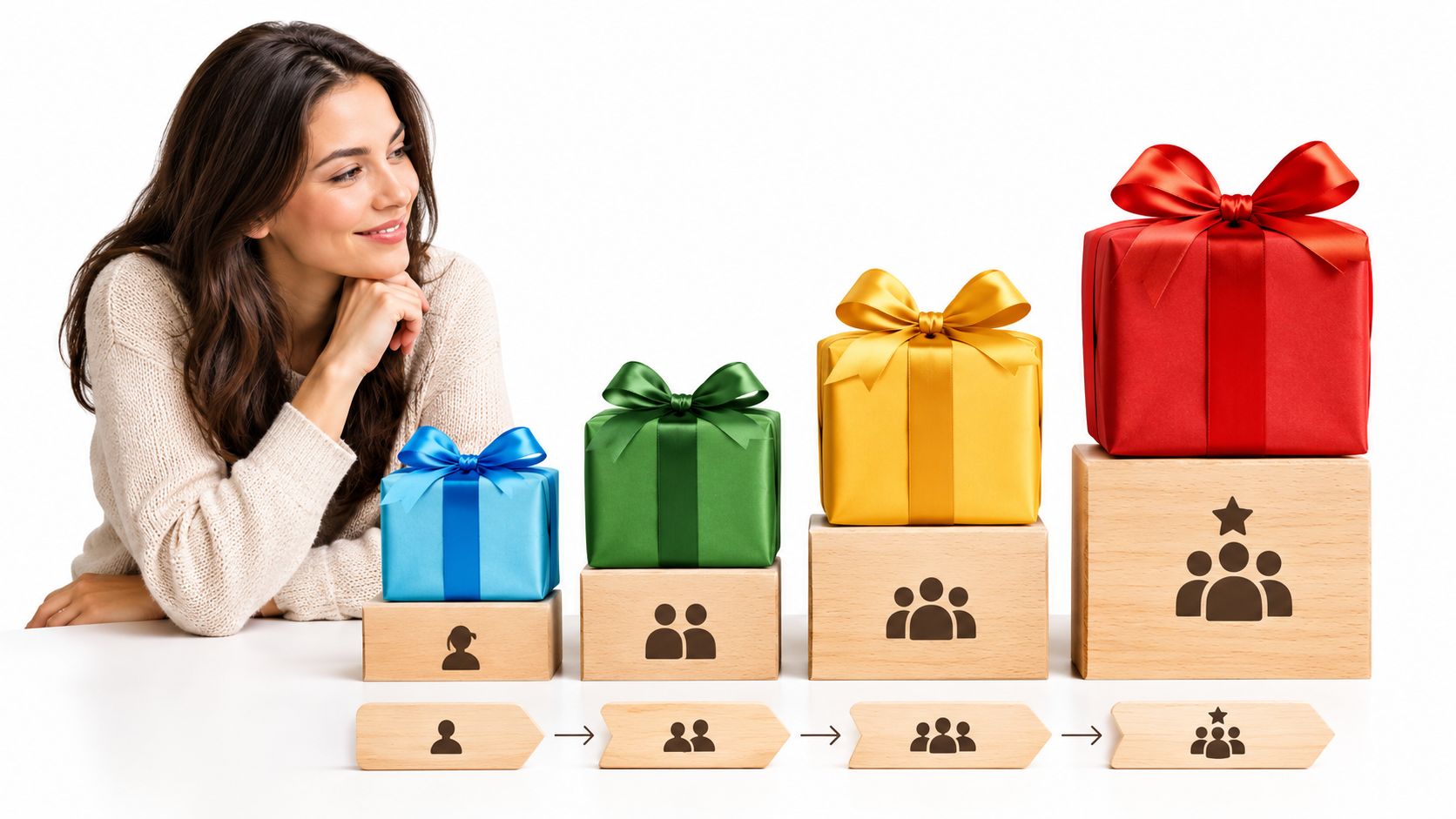 A woman looks at a progression of four gift boxes on wooden blocks symbolizing tiered incentives