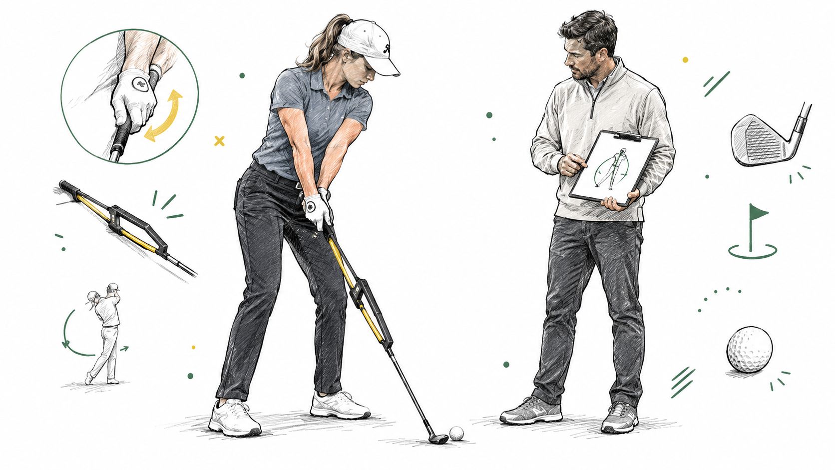 A golf instructor demonstrating proper left handed golf swing technique to a student using a training aid.