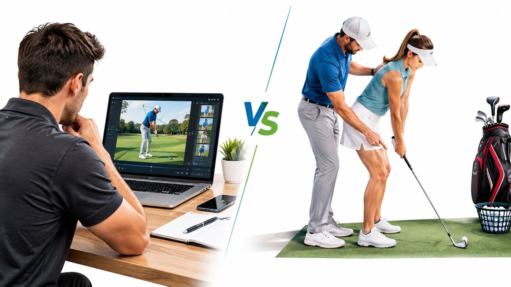 A professional golf coach compares remote digital video analysis with hands-on in-person swing training instruction.