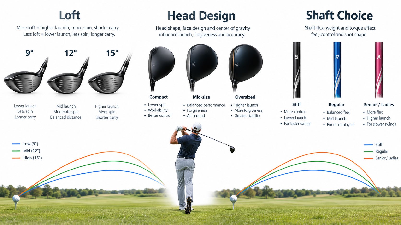 An educational infographic explaining the impact of loft, head design, and shaft choice on golf driver performance.