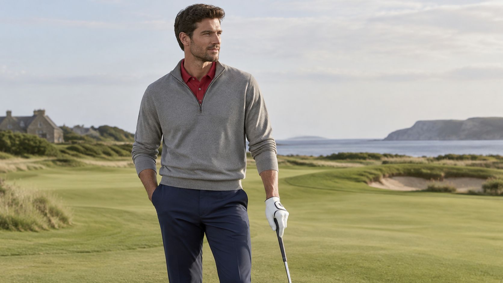 A man wearing a grey quarter-zip sweater over a red polo shirt standing on a golf course.