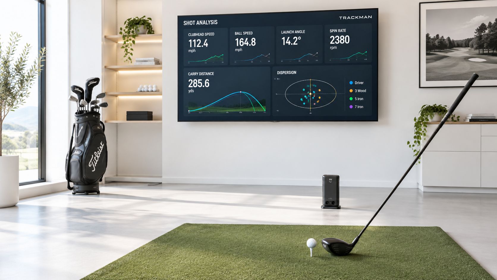 A professional golf simulator setup in a modern indoor room with data analysis displayed on a large wall screen.