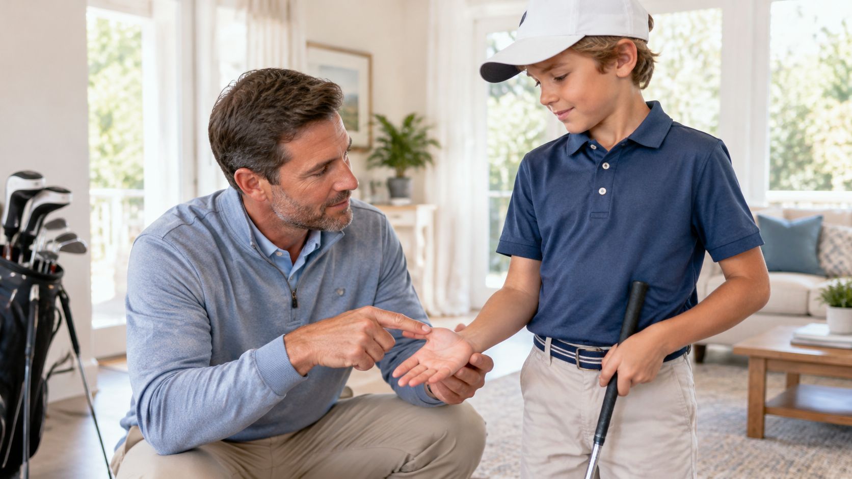 A father teaching his young son how to hold a golf club while practicing at home.