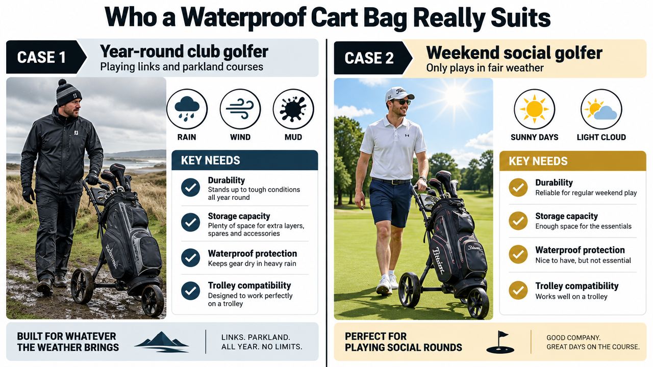 A comparative infographic showing the benefits of a waterproof cart bag for year-round and social golfers.