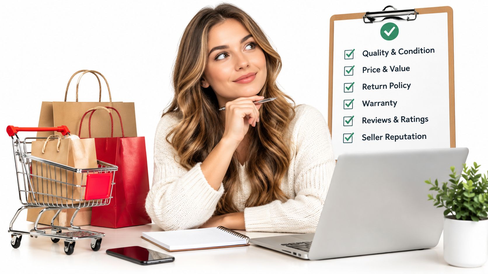 A woman thinking while planning her online shopping purchases with a checklist and a laptop.