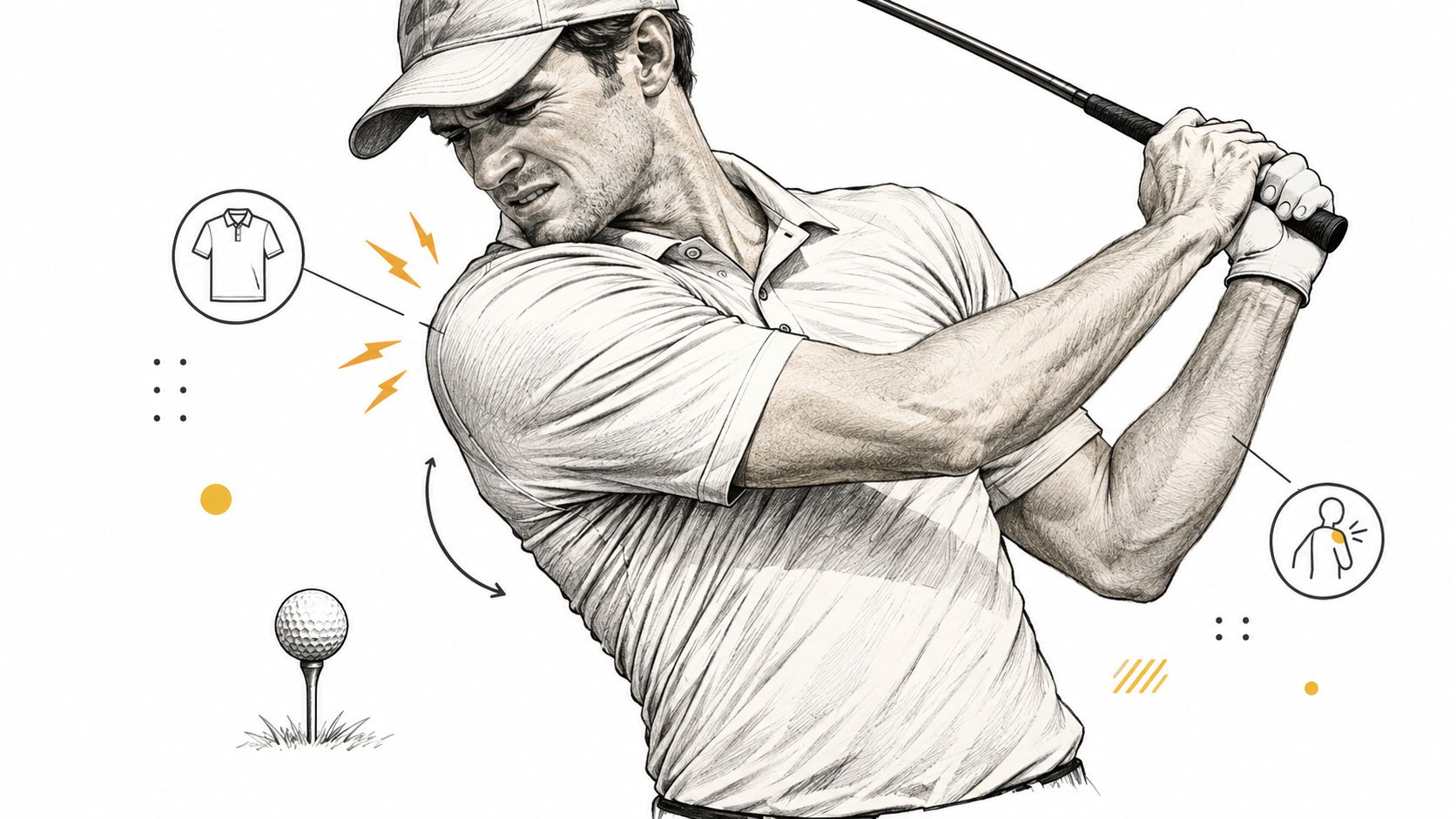 A pencil sketch of a golfer feeling pain in his shoulder while wearing a polo shirt.