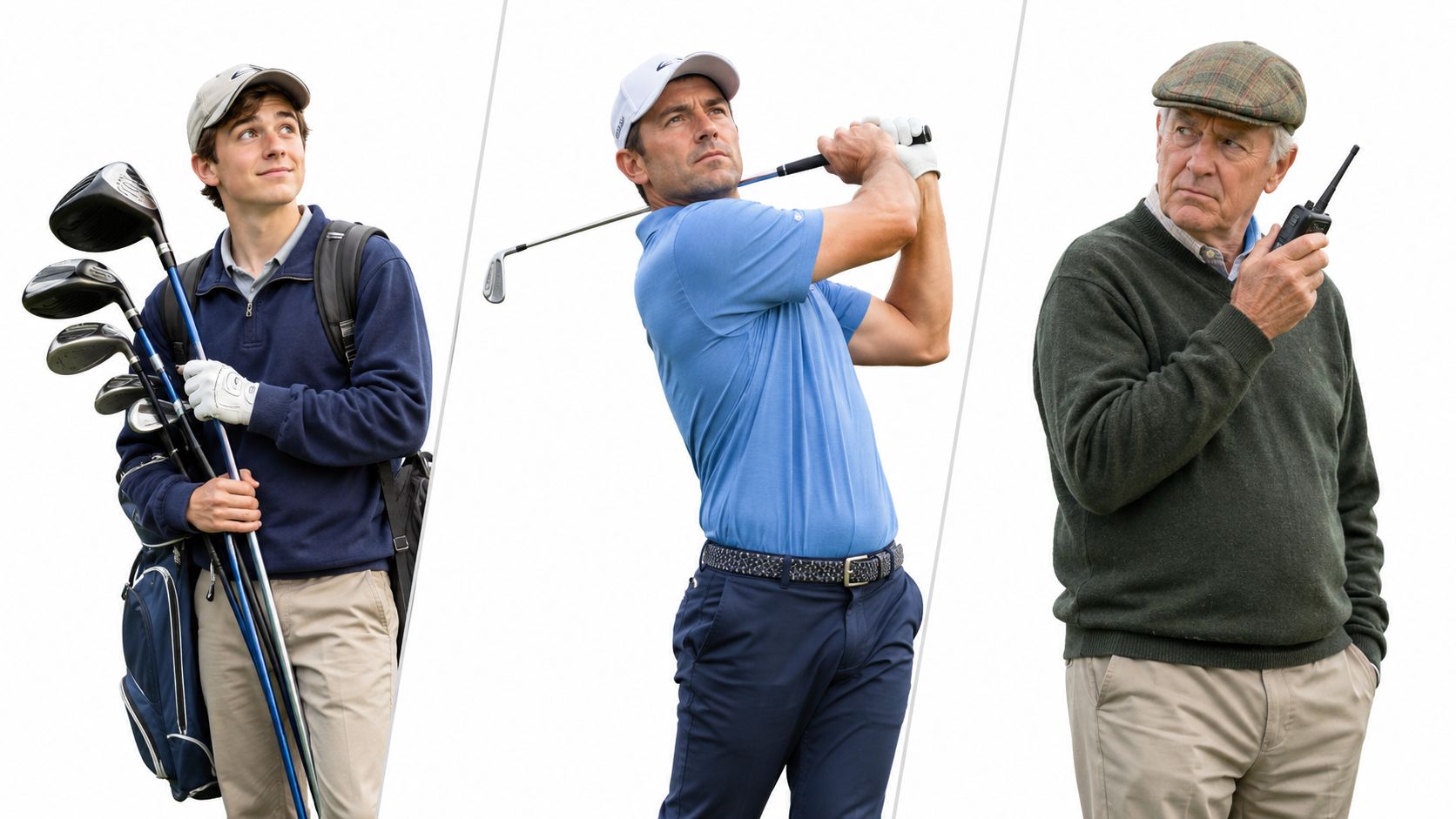 Three men representing different aspects of golf including a caddy, a player, and an event organizer.