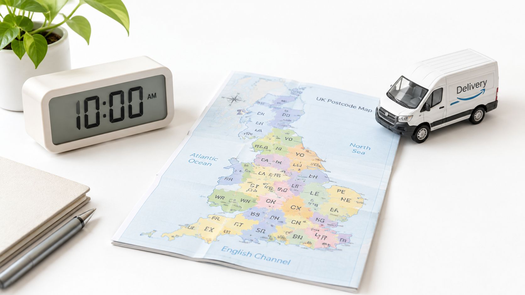 A delivery toy van placed on a UK postcode map next to a digital alarm clock showing 10:00 AM.