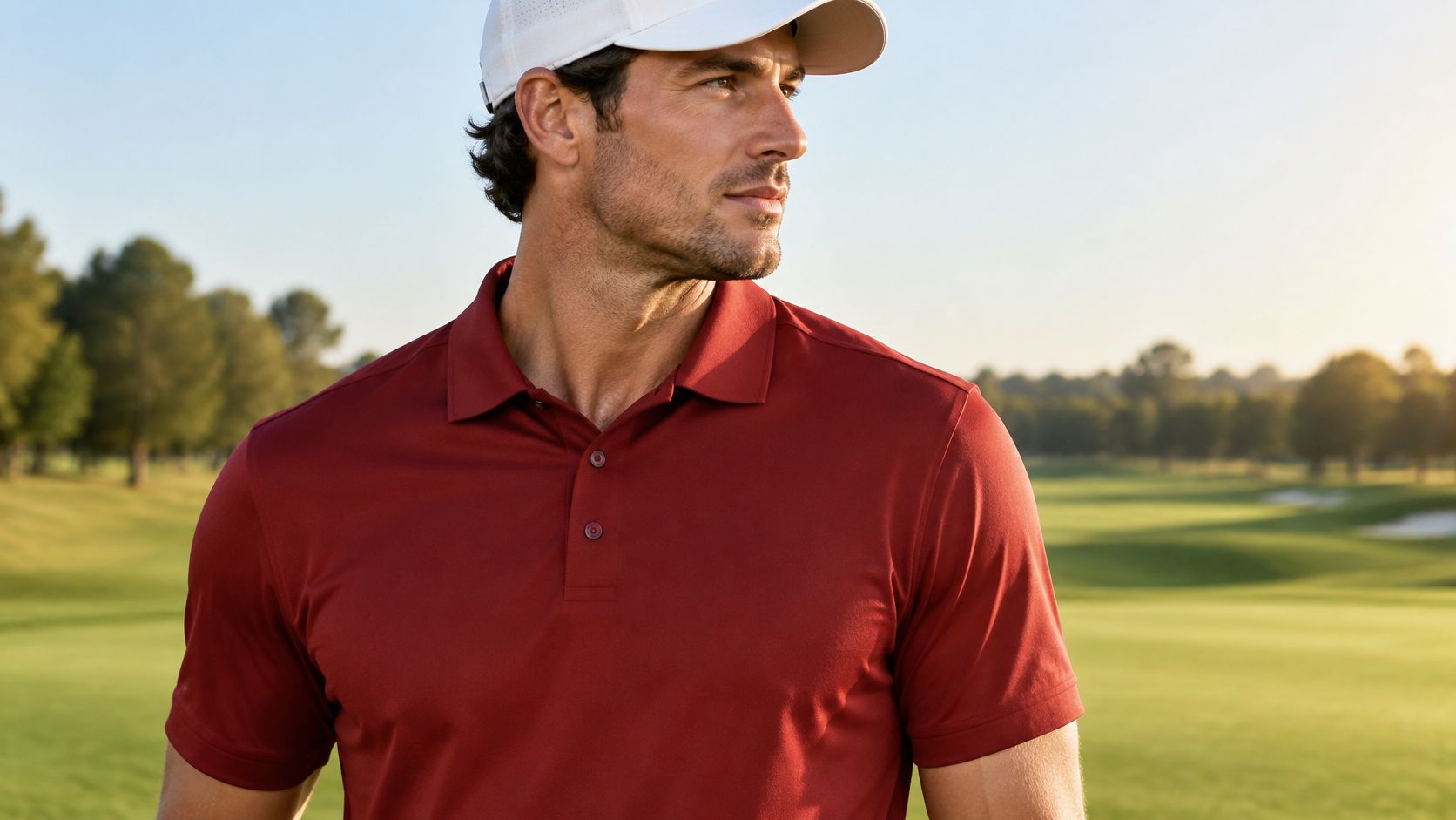 A man wearing a red golf shirt and a white cap standing on a golf course.