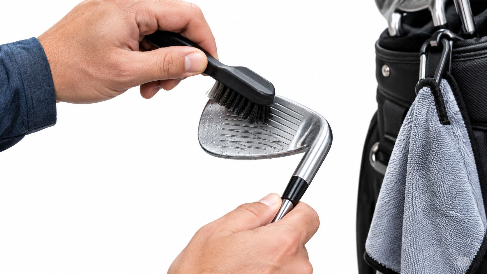 A golfer using a specialized brush to scrub dirt off a wet golf club head.