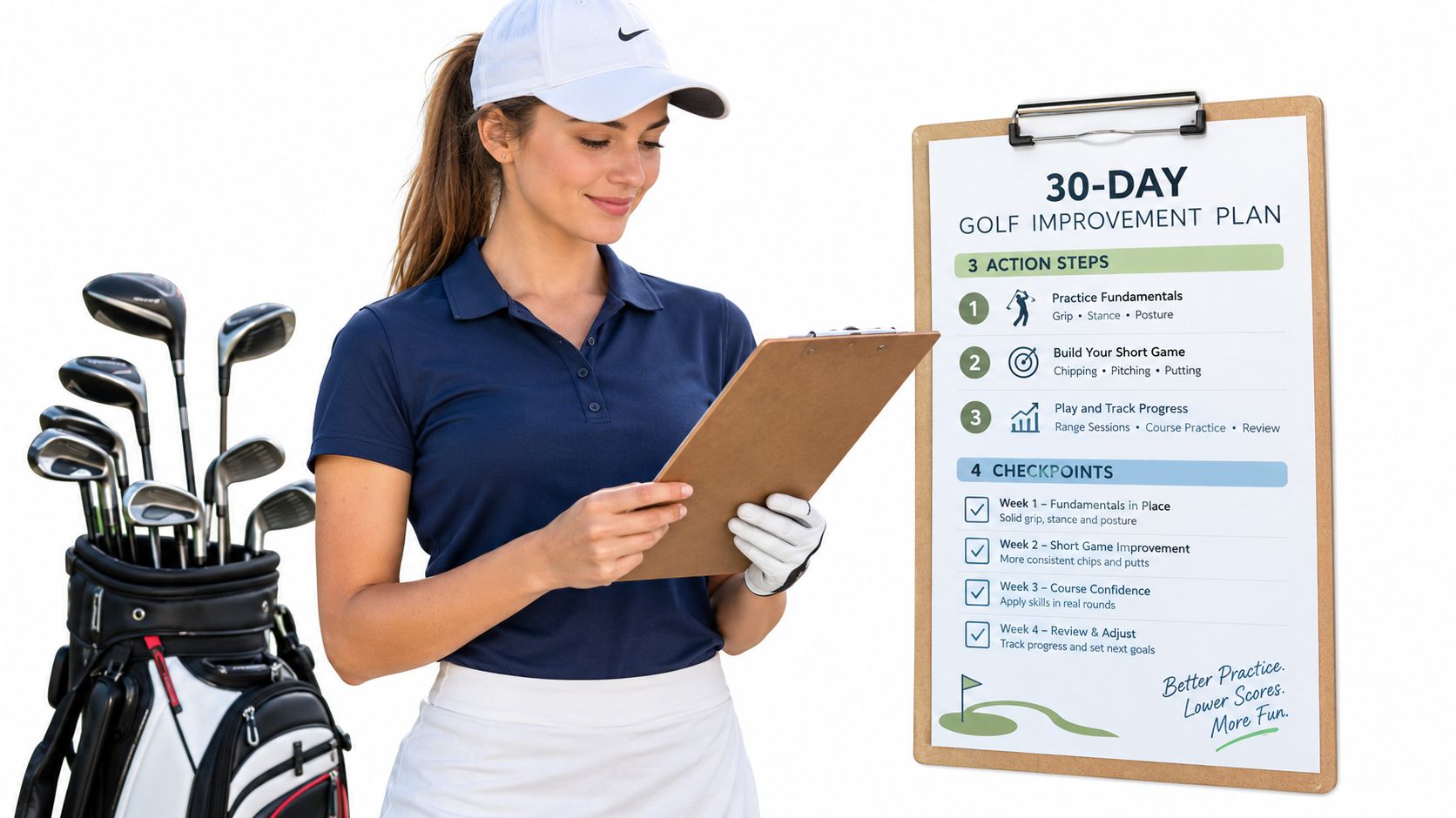 A woman golfer holding a clipboard with a 30-day golf improvement plan and a golf bag.