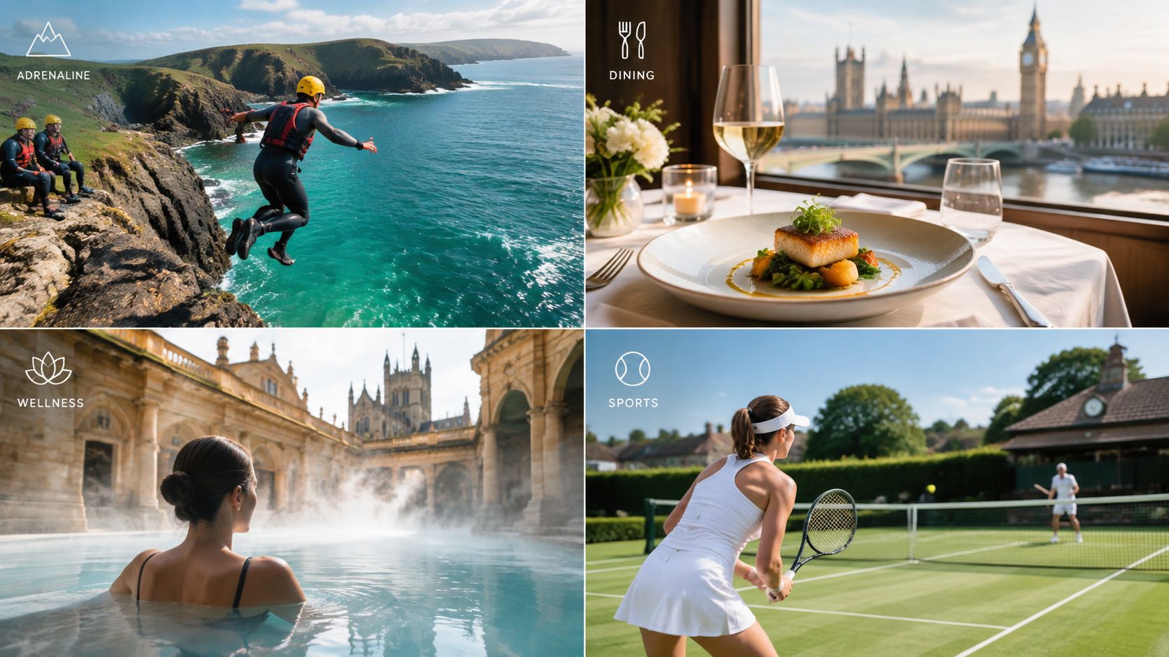 A collage showcasing diverse gift experiences in the UK, including cliff jumping, fine dining, relaxing spas, and tennis.