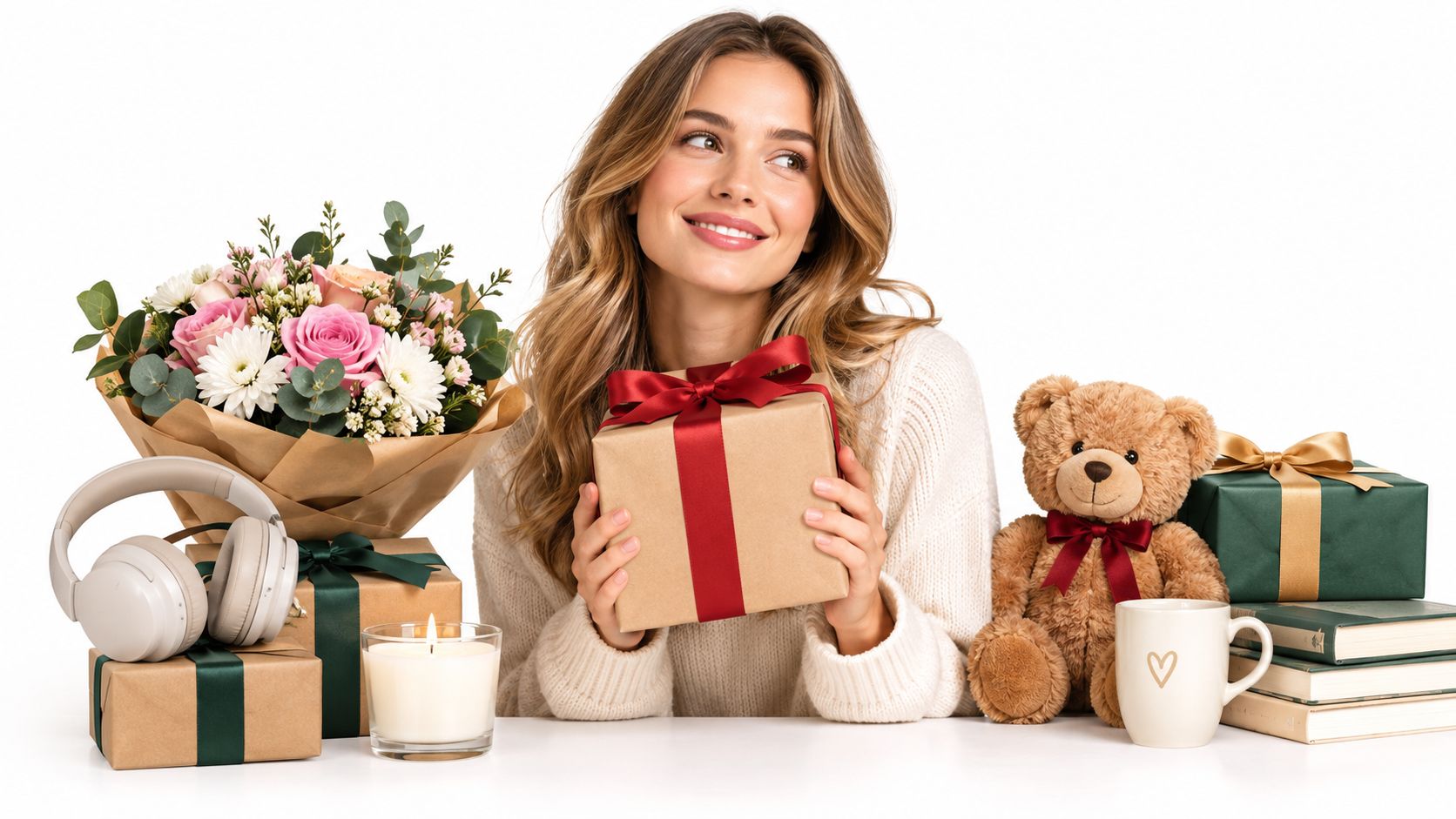 A smiling young woman holding a gift box surrounded by flowers, a teddy bear, and other presents.