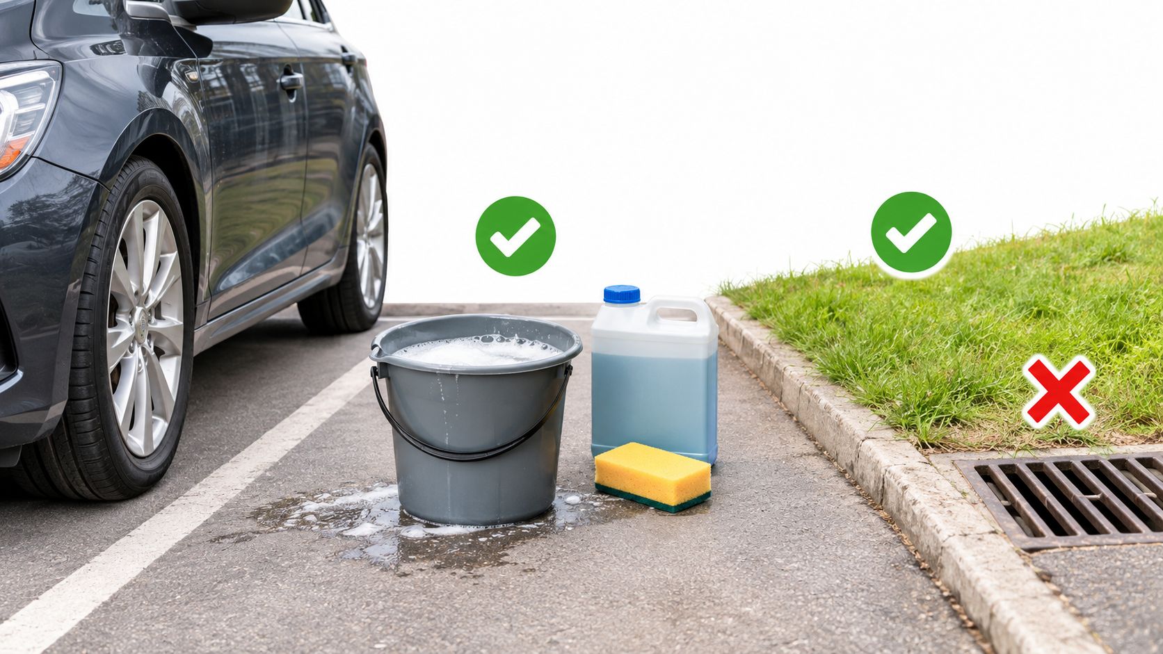 Car washing equipment including a bucket, sponge, and detergent placed on the ground near a storm drain.