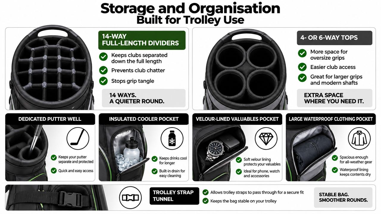 A detailed product breakdown showcasing the storage and organization features of a golf trolley cart bag.