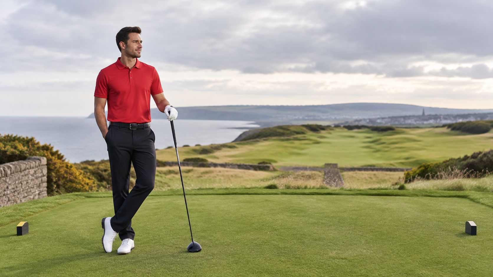A professional golfer in a red shirt stands on a scenic coastal golf course green.