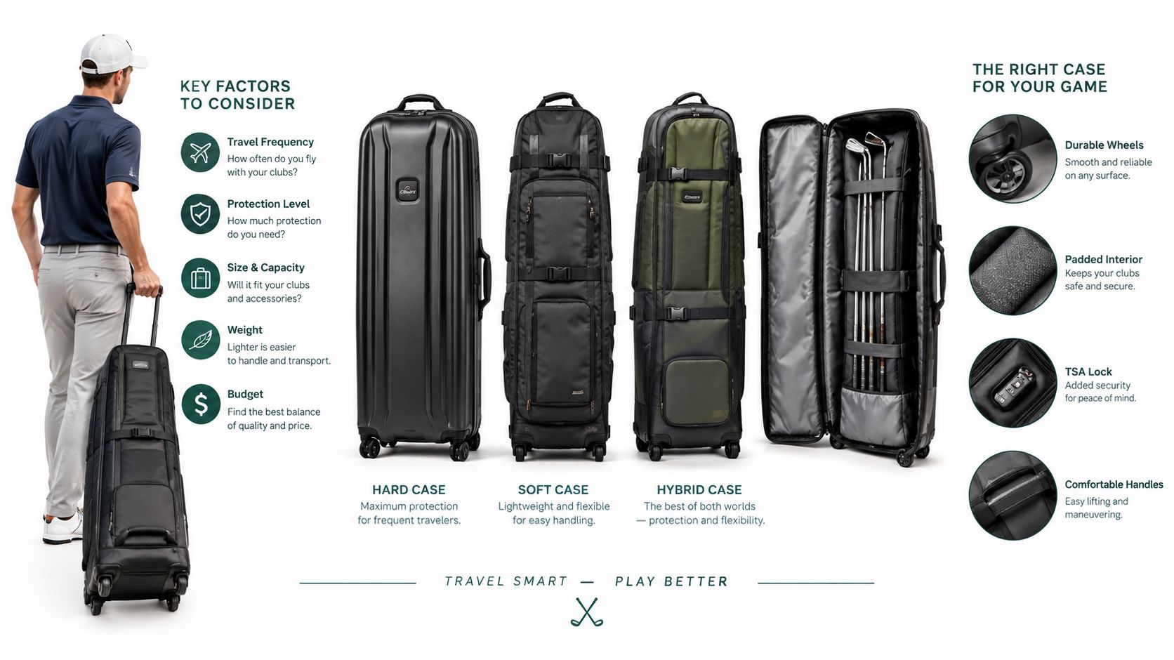 An infographic comparing hard, soft, and hybrid golf travel cases with key selection factors and features.