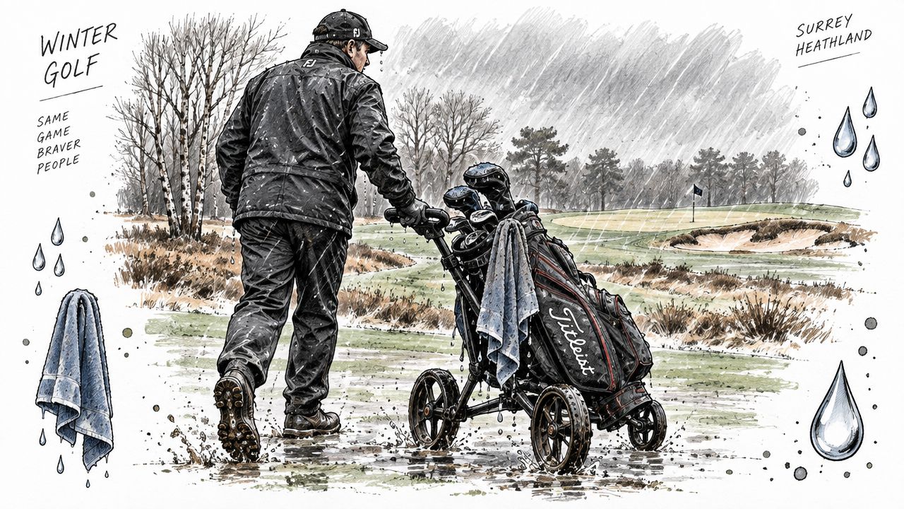 A golfer wearing waterproof gear pushes a cart with a Titleist bag through a wet, rainy golf course.