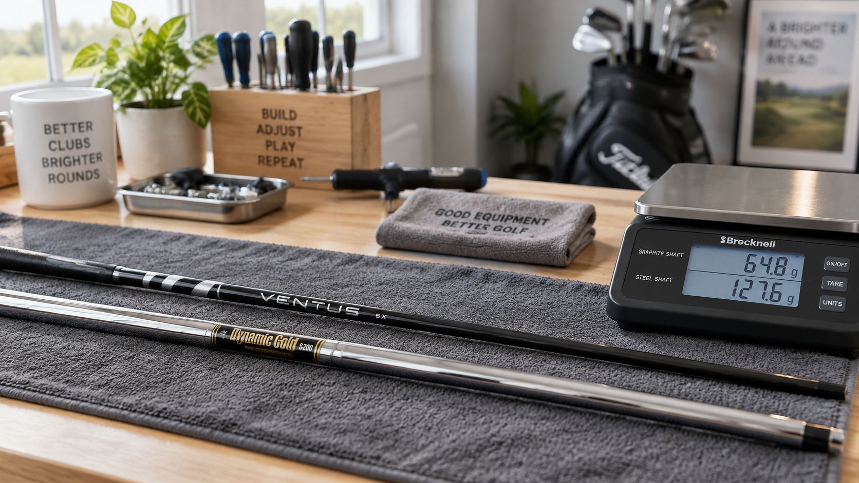 Golf workshop workbench with a graphite shaft, a steel shaft, and a digital scale displaying weight measurements.