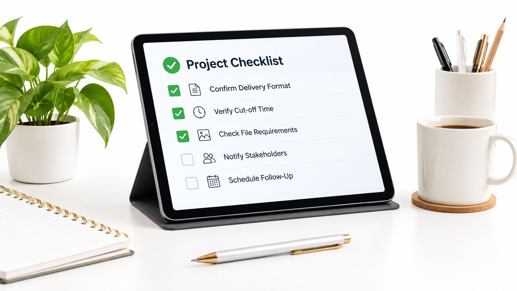 A digital tablet displaying a project checklist on a clean office desk with a coffee mug.