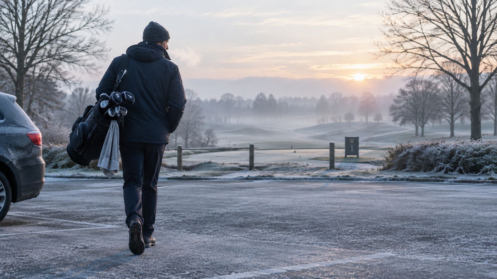 A golfer carrying his bag across a frost-covered parking lot on a chilly, misty morning.