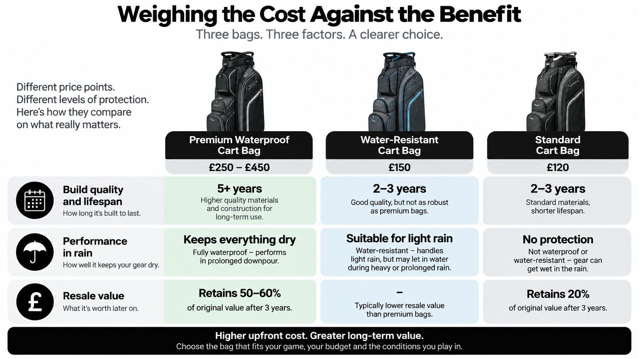 A comparison chart showing features, durability, and value for premium, water-resistant, and standard golf cart bags.