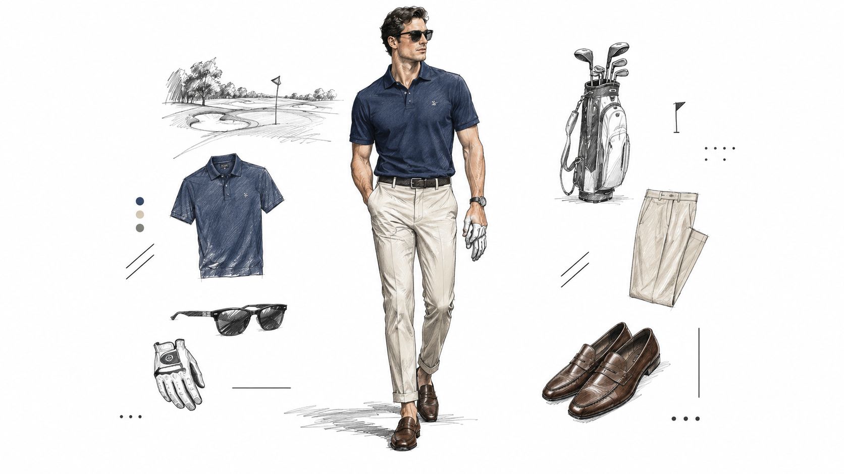 A stylish man modeling a navy polo shirt and beige trousers with golf accessories and equipment.