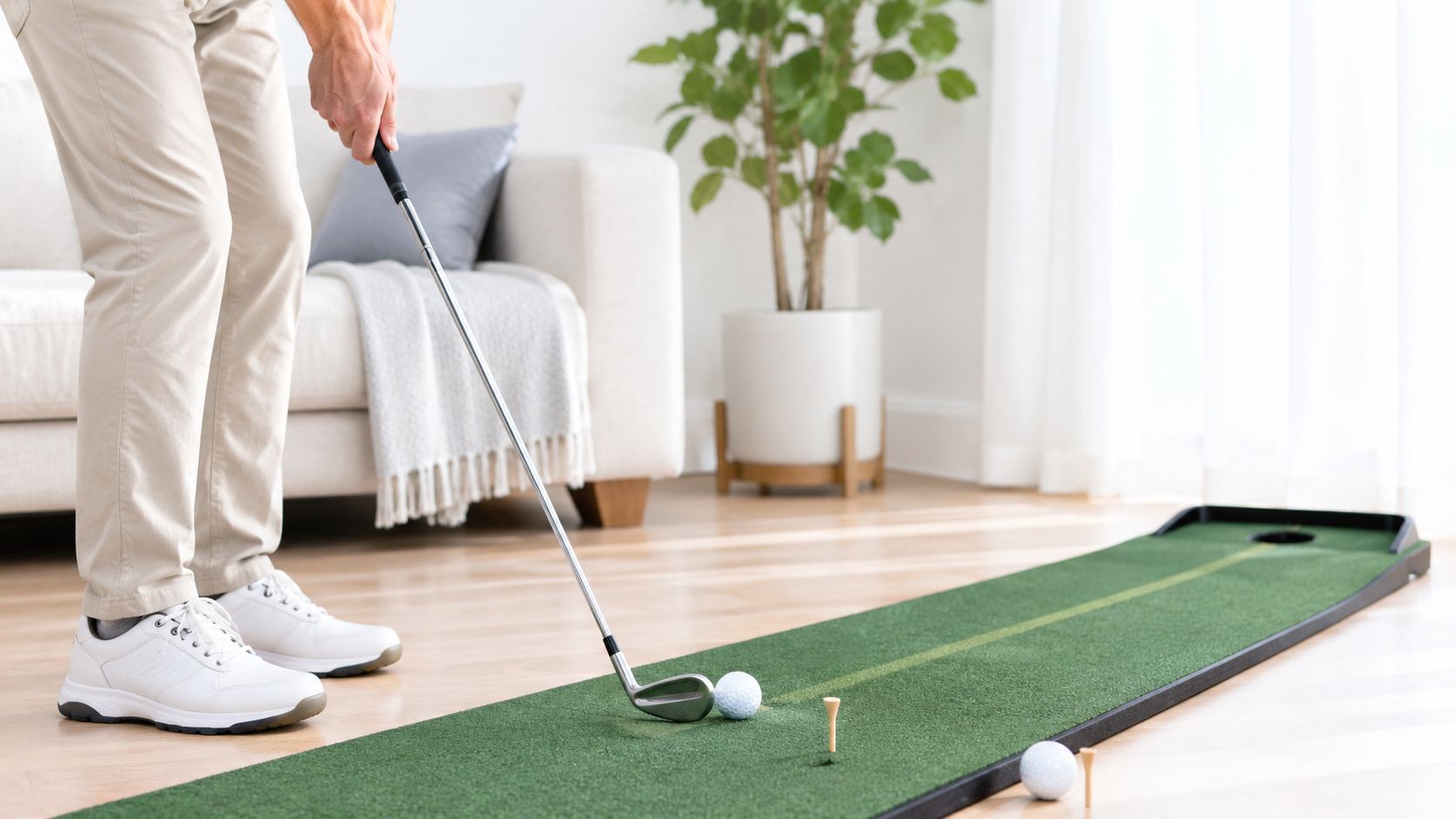 A person practicing their golf swing on an indoor putting green mat in a modern living room.