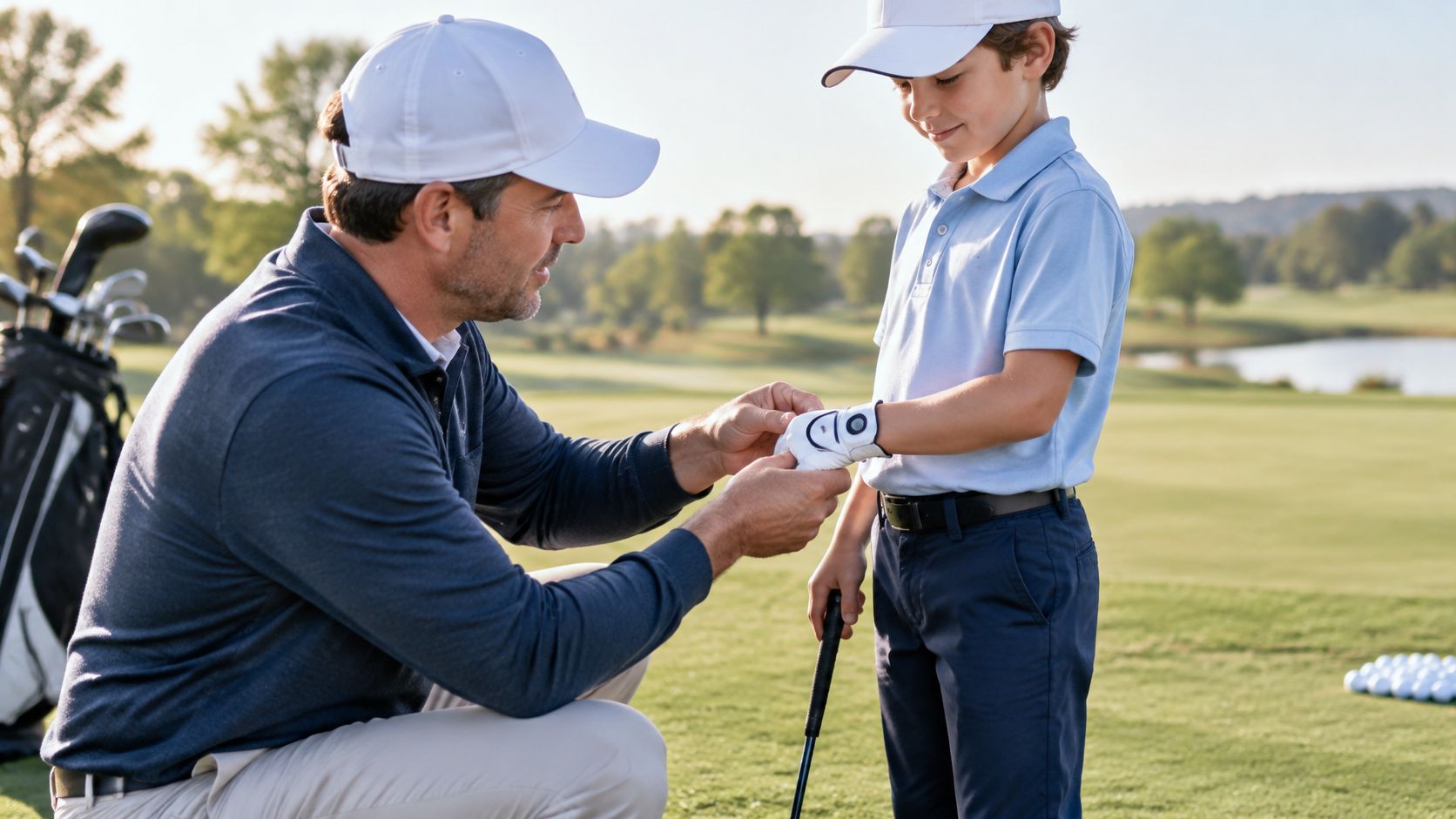 A father kneeling and helping his young son put on a golf glove on a golf course.
