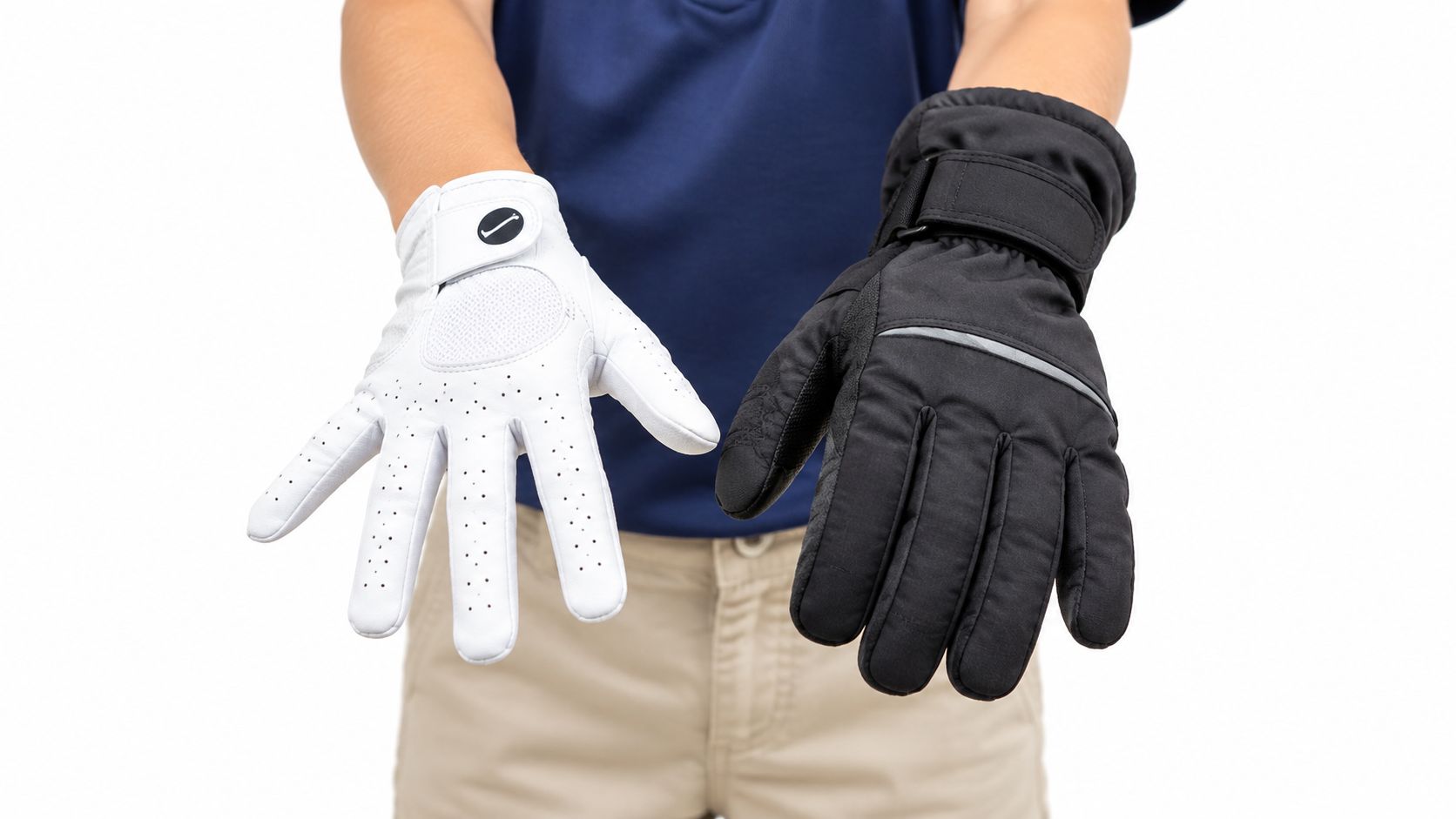 A person wearing a white golf glove on the left hand and a black winter glove on the right.