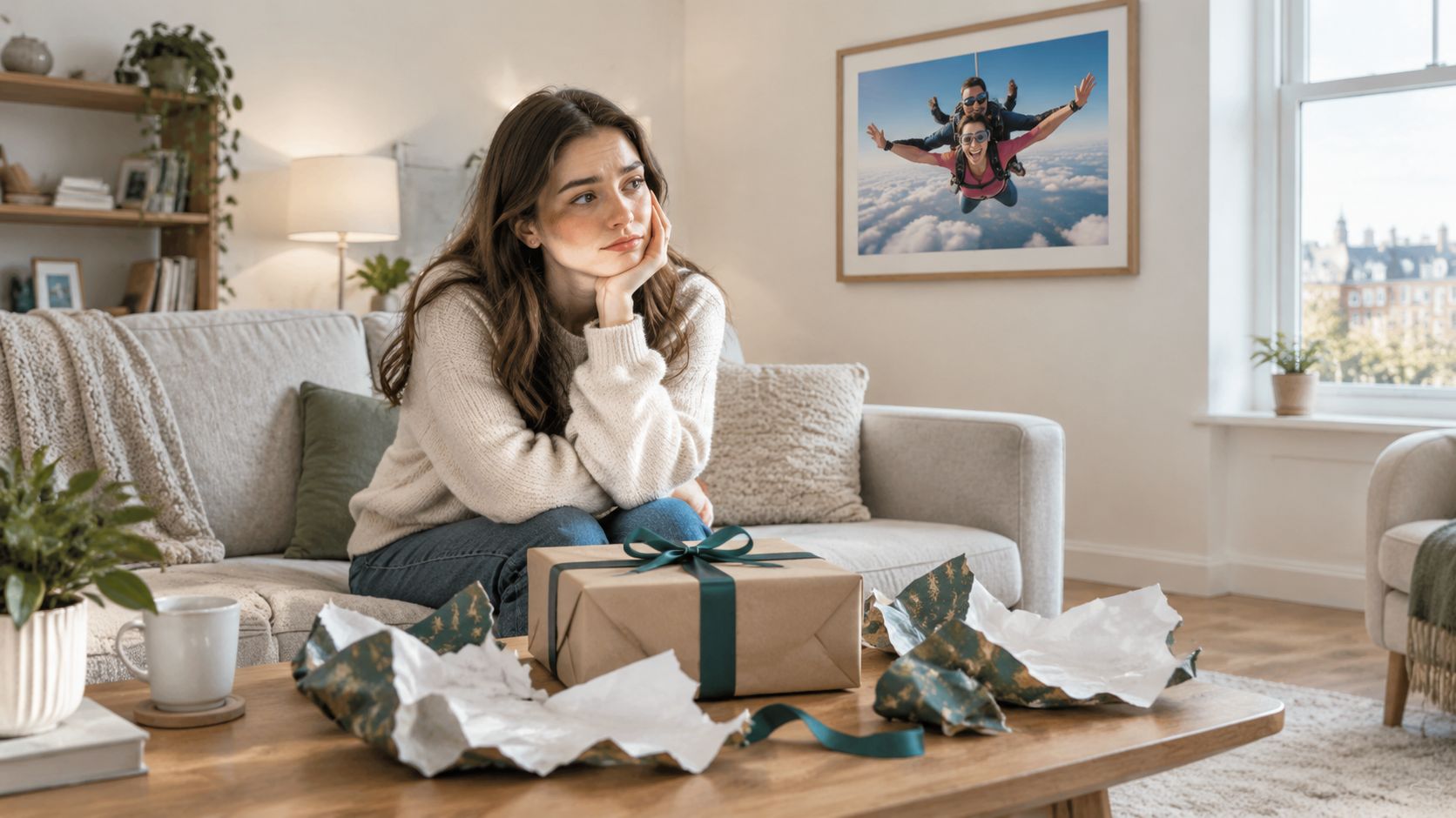 A thoughtful woman sitting on a couch with a wrapped gift experience in front of her.