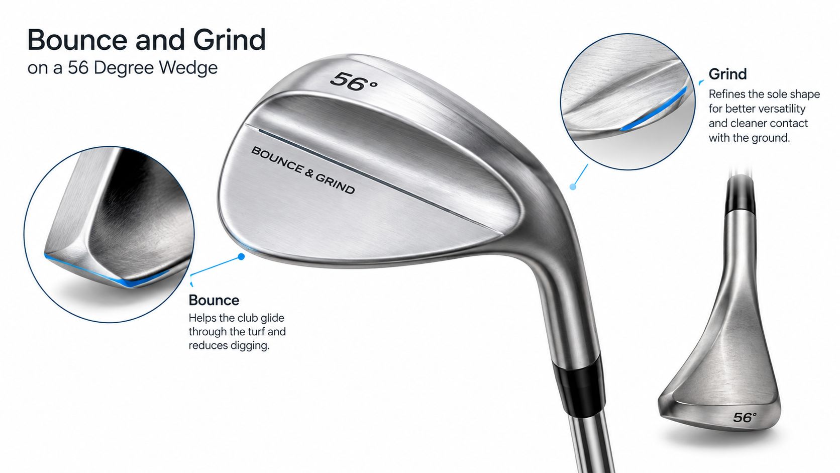A close-up diagram illustrating the bounce and grind features on a 56 degree golf wedge clubhead.