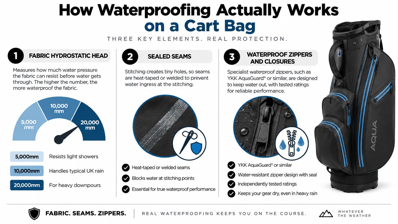 An infographic detailing the three key technical elements of how cart bag waterproofing works for golfers.