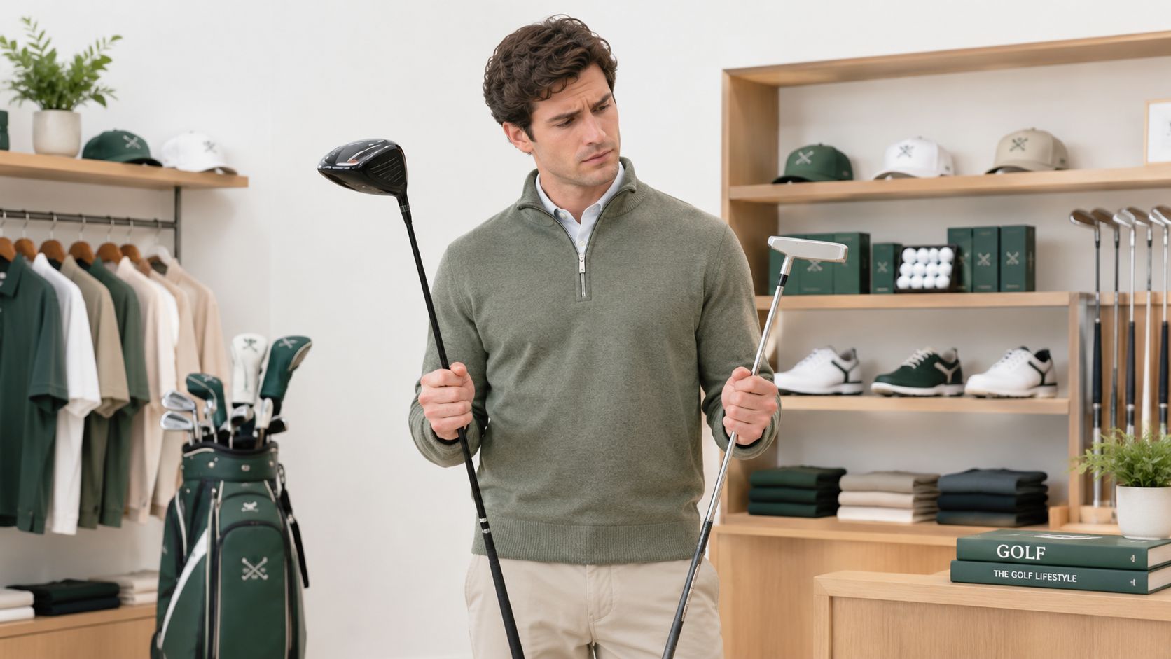 A man in a green sweater holding a golf driver and a putter inside a golf pro shop.