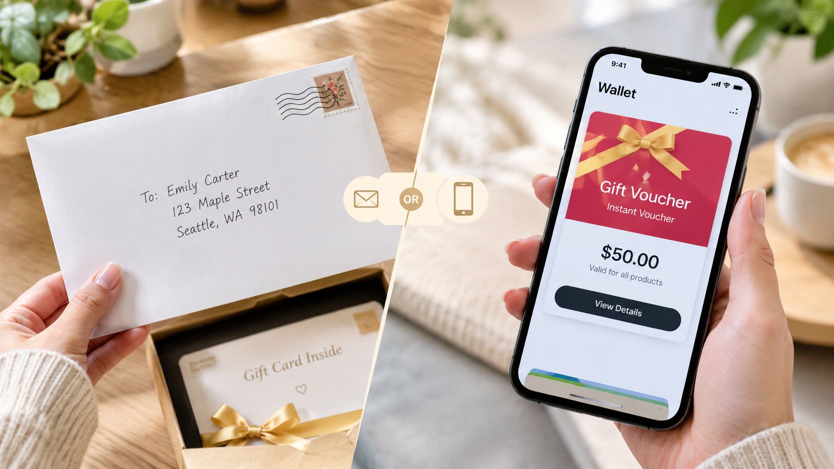 A split screen showing a physical gift card in an envelope and a digital gift voucher on a phone.