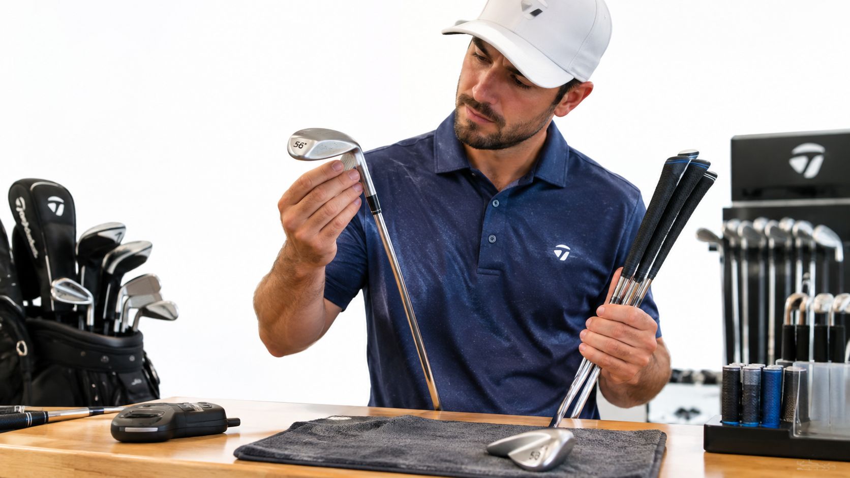 A professional golfer in a navy polo and white cap inspecting a TaylorMade 56-degree golf wedge.
