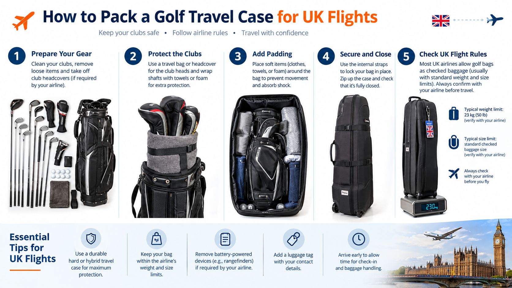 An infographic showing a five-step guide on how to pack a golf travel case for UK flights.