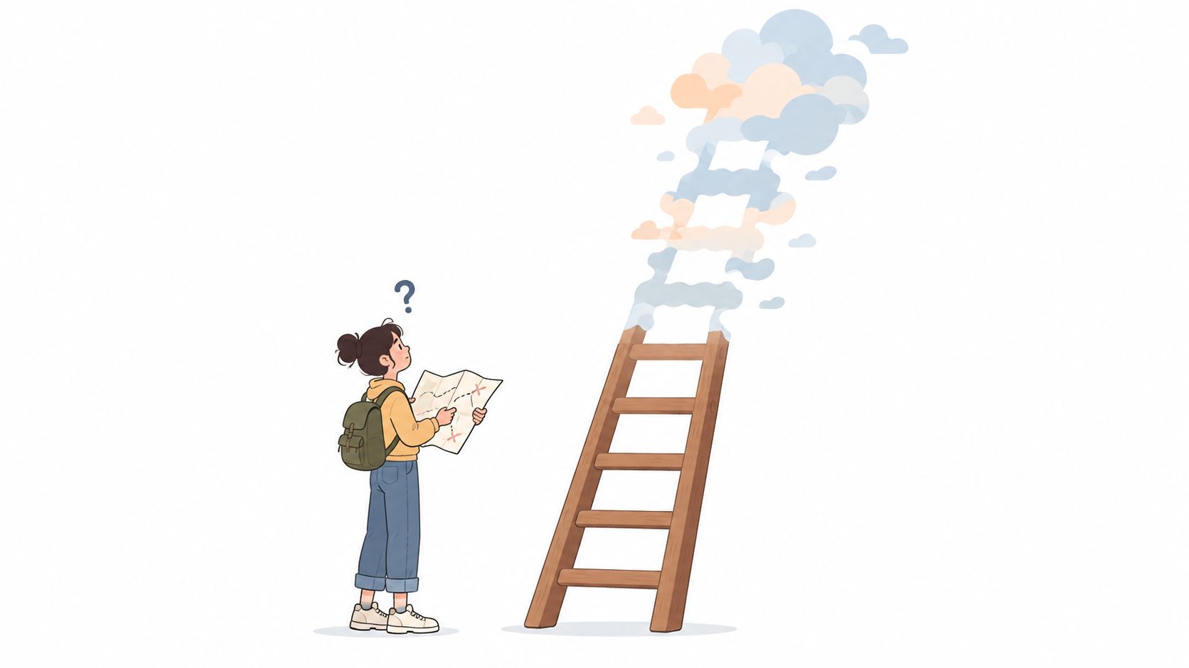 A young traveler holding a map looking up at a ladder that fades into the clouds.