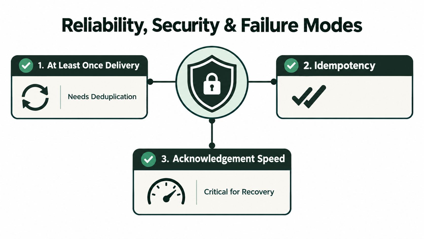 A diagram illustrating three key concepts of reliability, security, and failure modes in systems engineering.