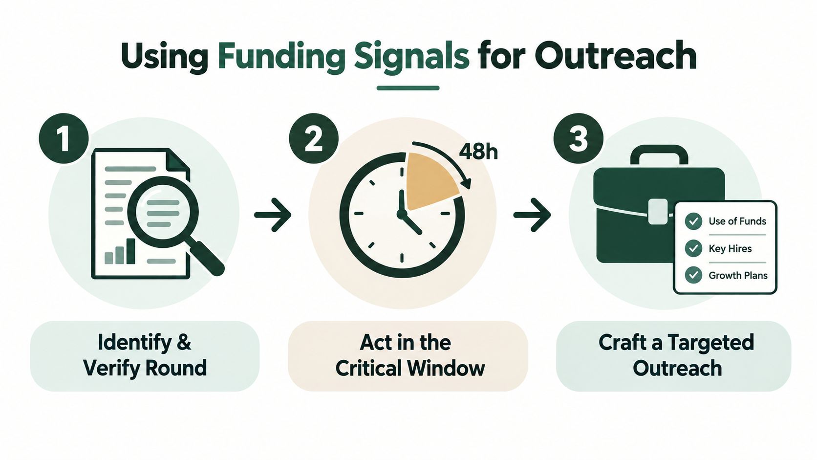 A three-step infographic showing how to use startup funding rounds for effective sales and business outreach.