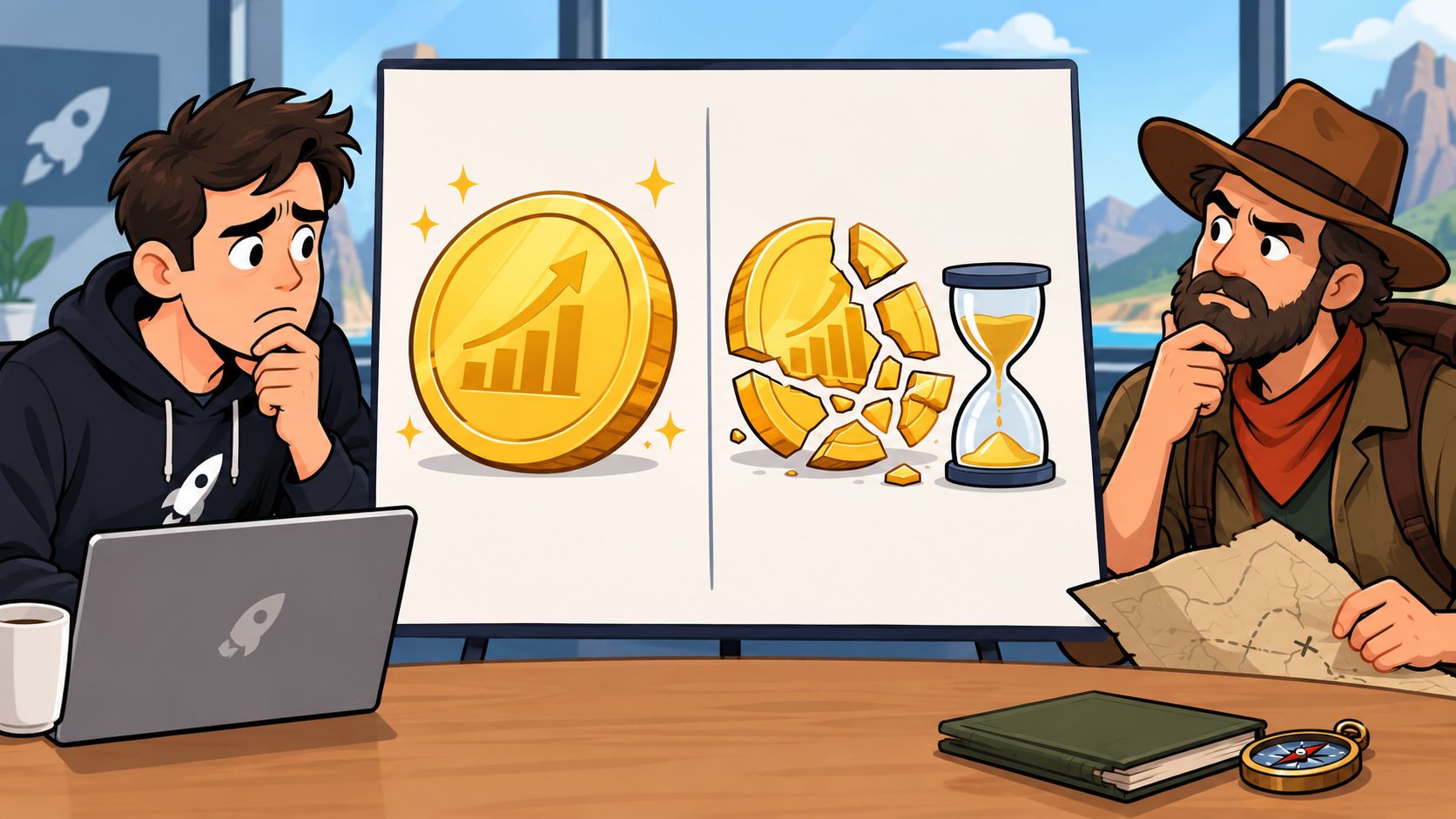 A young entrepreneur and an experienced explorer looking at a whiteboard showing growth versus bankruptcy.