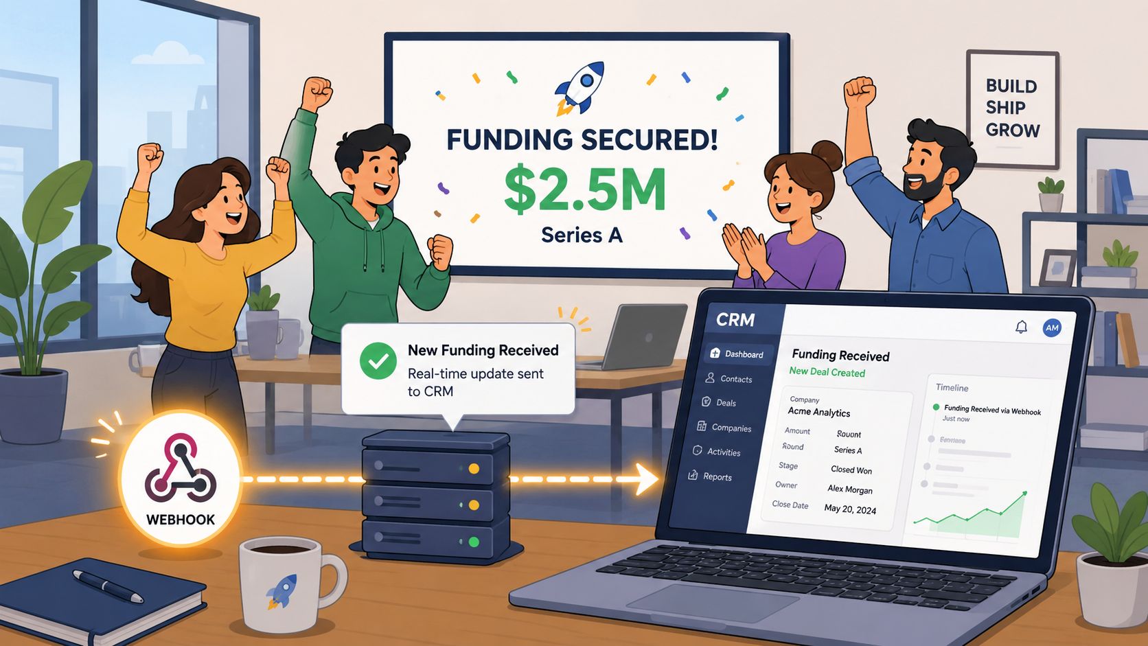 A team celebrates funding success as a webhook automatically updates a CRM platform with real-time data.