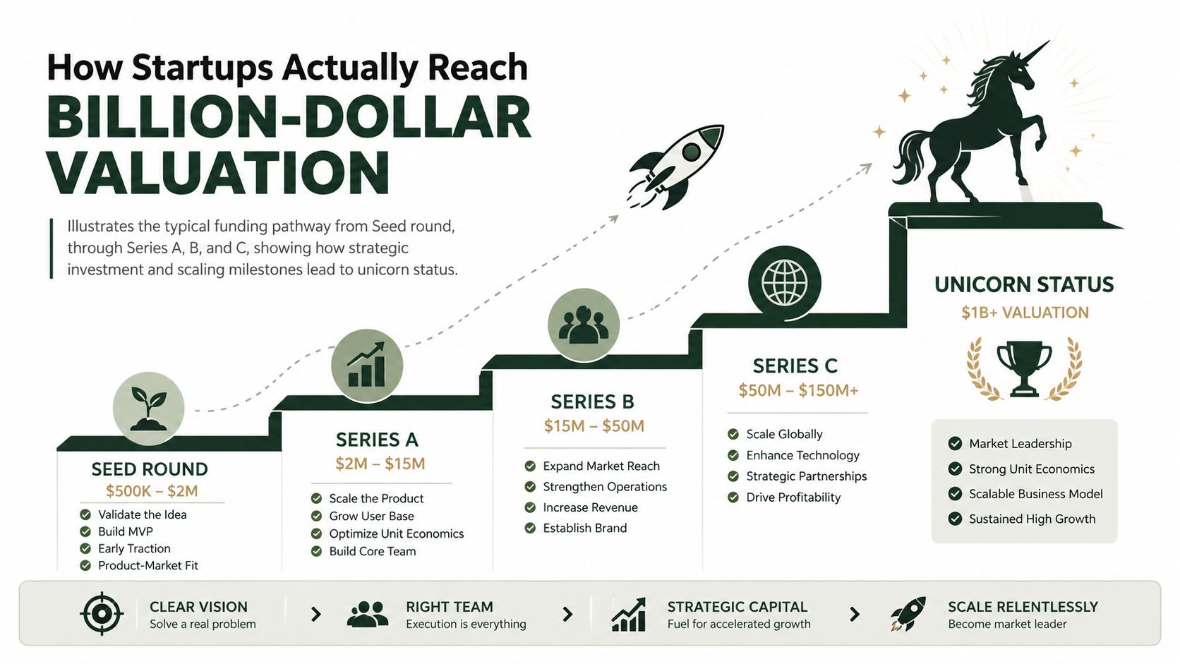 An infographic illustrating the typical startup funding journey from Seed round to reaching billion-dollar unicorn status.