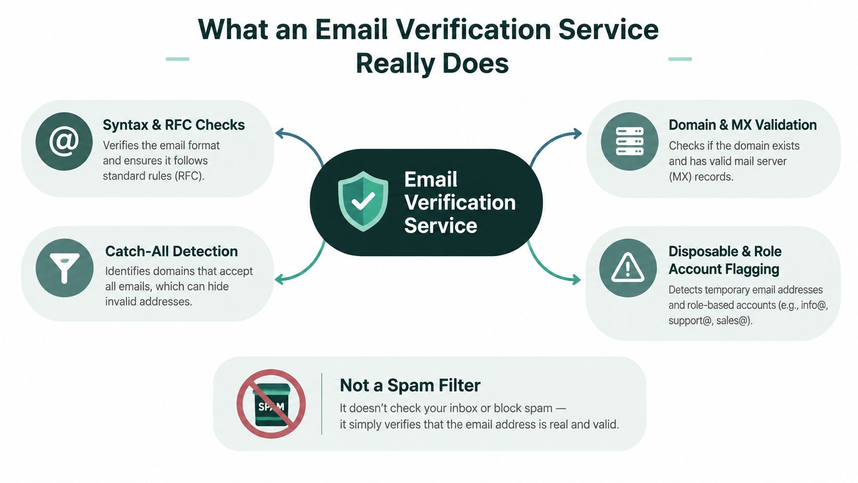 An infographic detailing the four key functions and limitations of an email verification service.