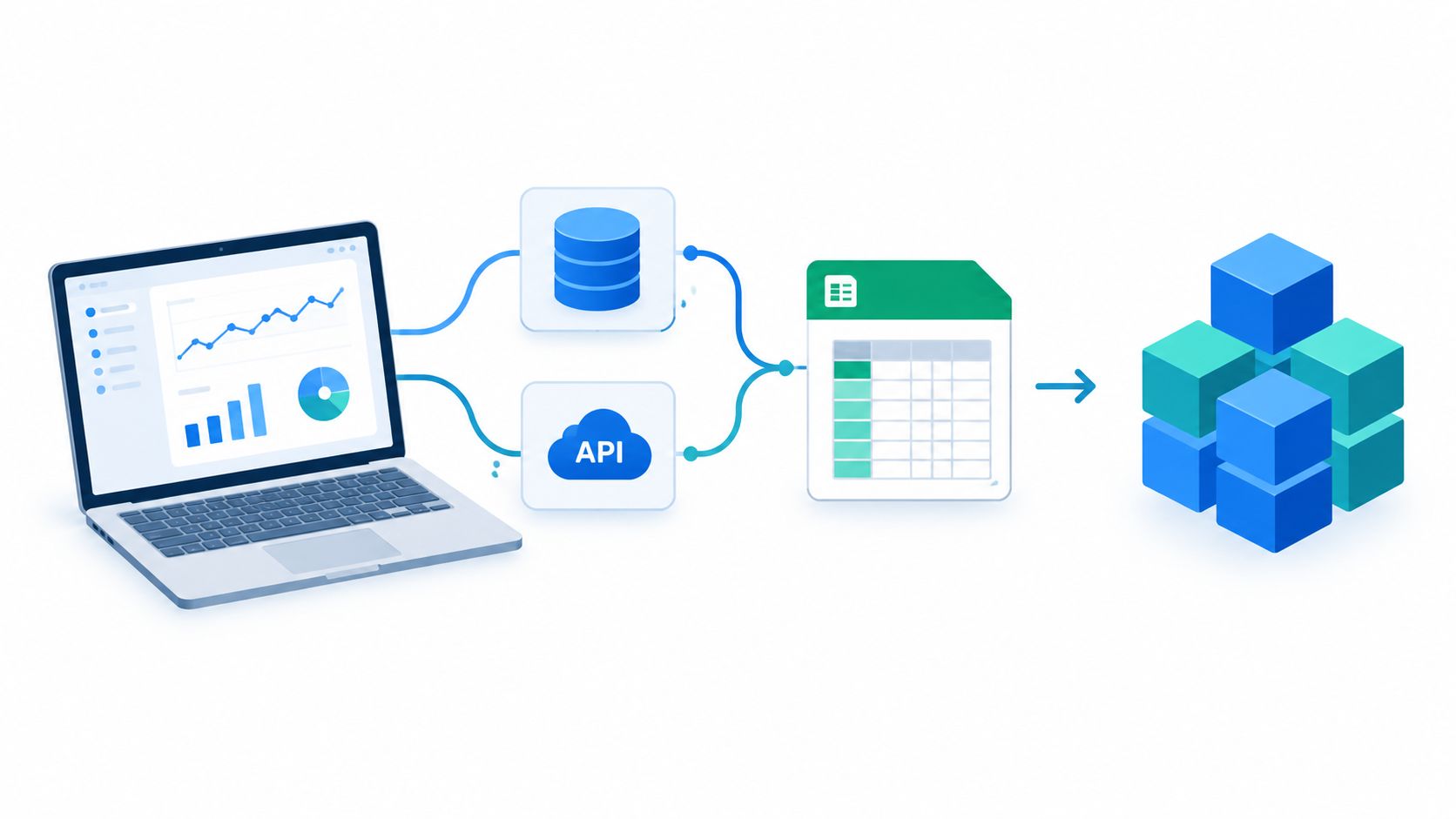 A digital illustration showing a laptop connecting to a database and API, feeding into a spreadsheet, then data cubes.