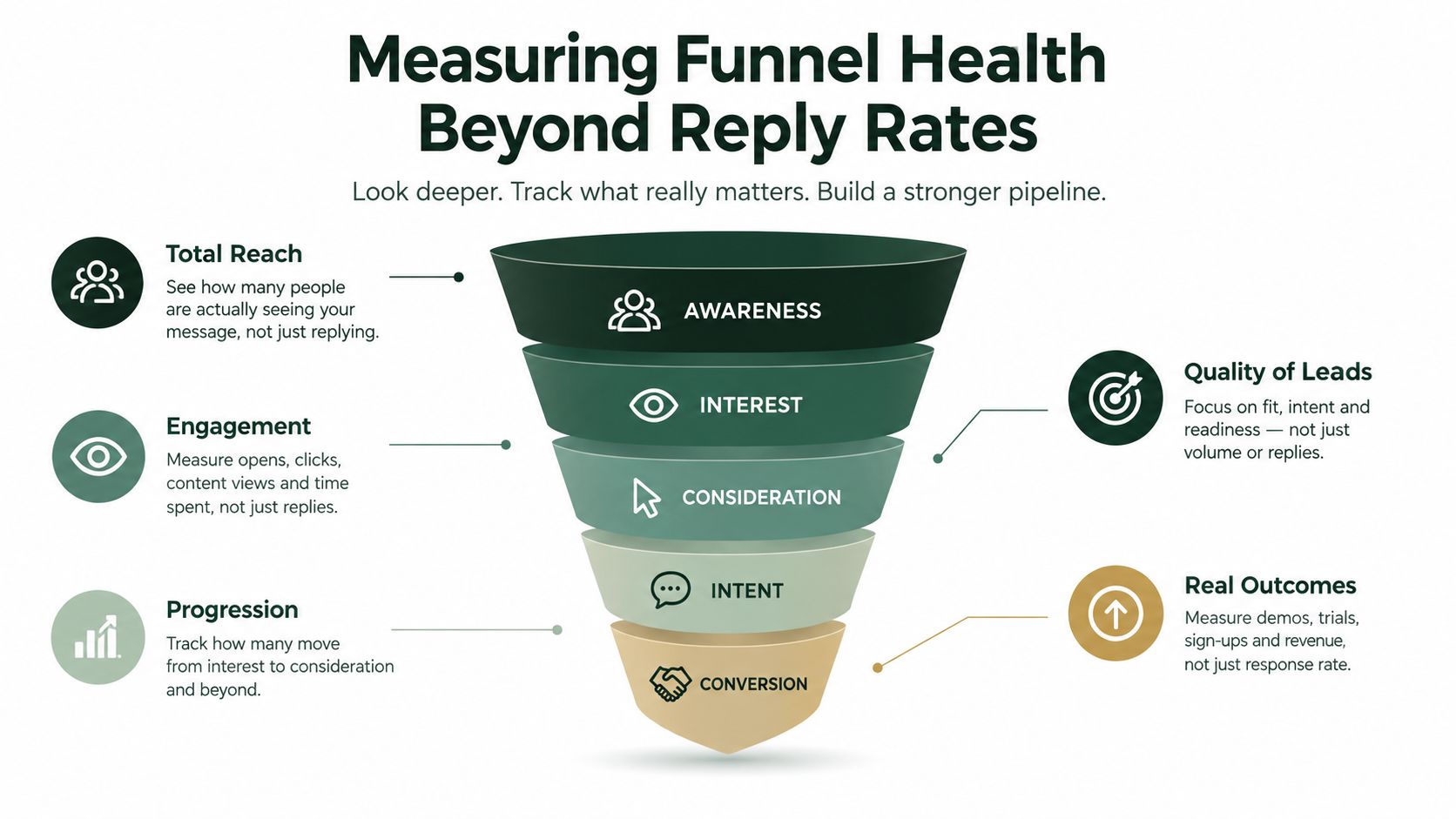 A marketing funnel diagram illustrating key metrics for measuring sales pipeline health beyond simple reply rates.