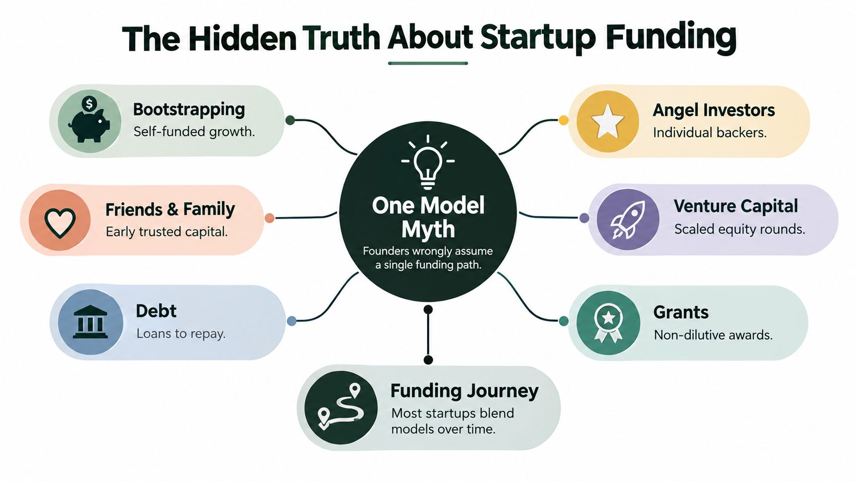 A diagram titled The Hidden Truth About Startup Funding displaying various funding models for businesses.