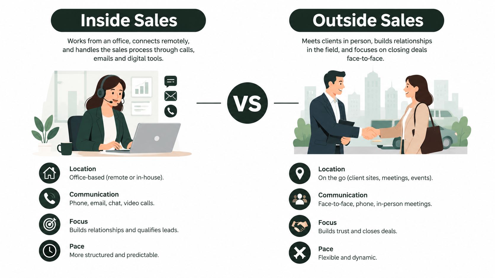 A comparative infographic showing the key differences between inside sales and outside sales roles in business.
